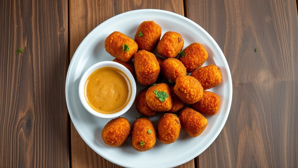 A plate of golden-brown beef croquettes, served with a dipping sauce and garnished with herbs.